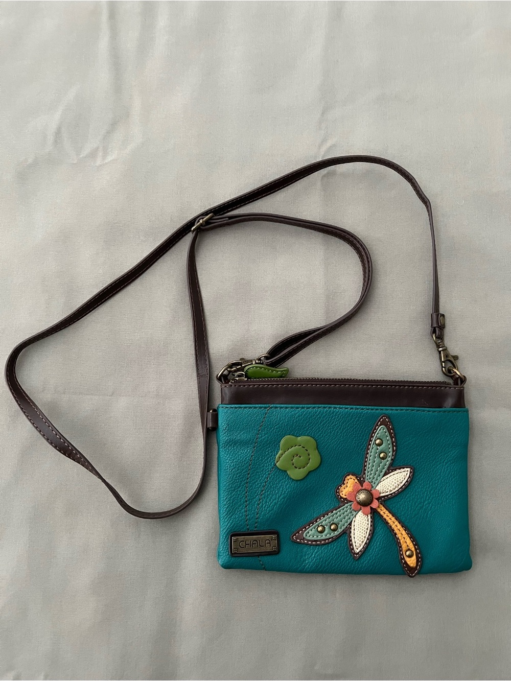 Chala Teal Crossbody Bag Purse with Dragonfly Applique and Brown Trim